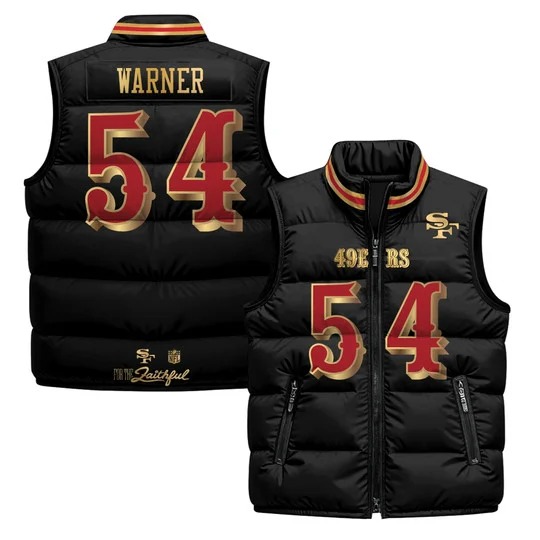 Men's San Francisco 49ers #54 Fred Warner Black Rivalries 2025 Printed Puffer Vest