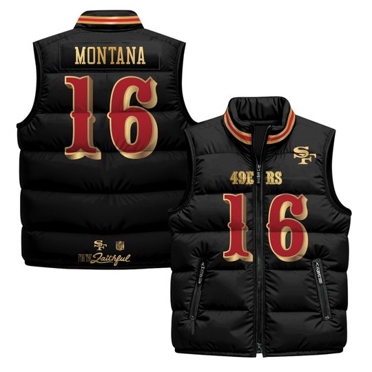 Men's San Francisco 49ers #16 Joe Montana Black Rivalries 2025 Printed Puffer Vest