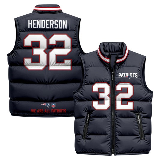 Men's New England Patriots #32 TreVeyon Henderson Navy 2025 Printed Puffer Vest