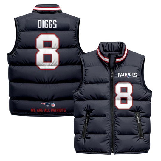 Men's New England Patriots #8 Stefon Diggs Navy 2025 Printed Puffer Vest