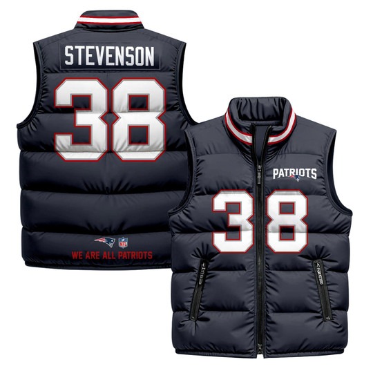 Men's New England Patriots #38 Rhamondre Stevenson Navy 2025 Printed Puffer Vest