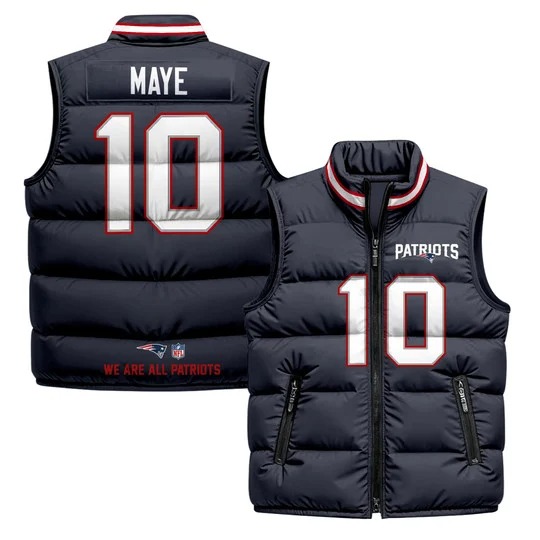 Men's New England Patriots #10 Drake Maye Navy 2025 Printed Puffer Vest
