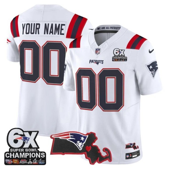 Men's New England Patriots Custom White F.U.S.E. 6-Time Champions & Massachusetts Patch Vapor Limited Stitched Jersey