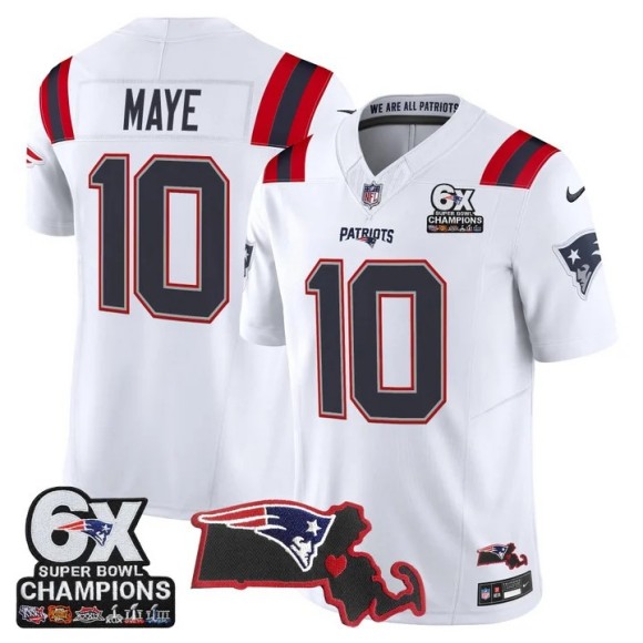 Men's New England Patriots #10 Drake Maye White F.U.S.E. 6-Time Champions & Massachusetts Patch Vapor Limited Stitched Jersey