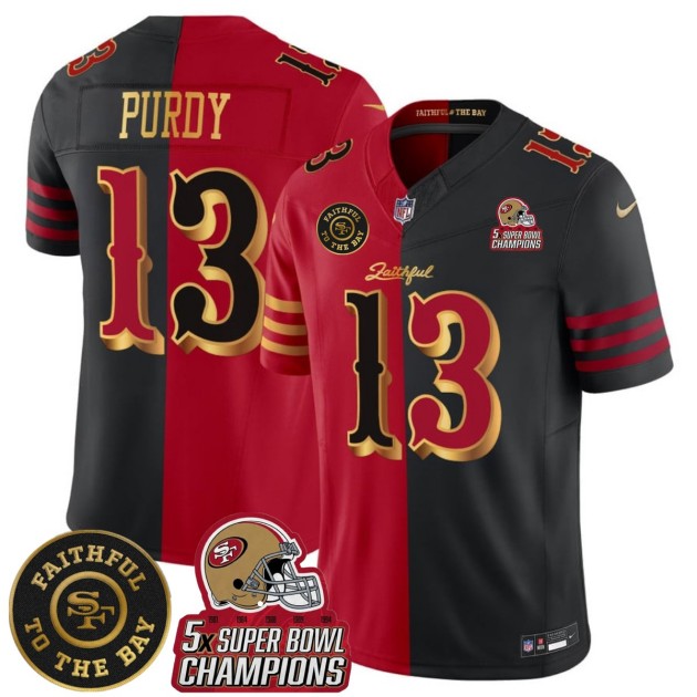 Men's San Francisco 49ers Active Player Custom Black Red Splite F.U.S.E. Faithful To The Bay Patch And 5x Super Bowl Champions Patch Vapor Limited Stitched Football Jersey