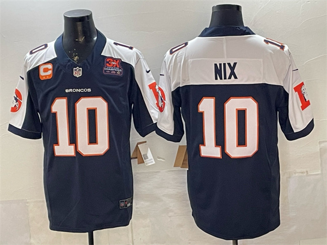 Men's Denver Broncos #10 Bo Nix Navy F.U.S.E. 3-Time Champions Patch And 2-star C Patch Vapor Limited Stitched Football Jersey