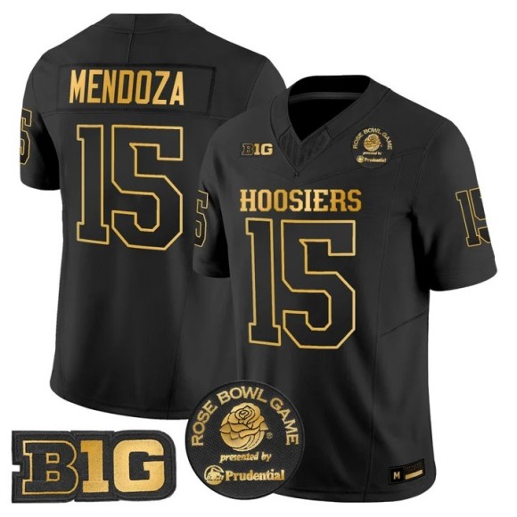 Men's Indiana Hoosiers #15 Fernando Mendoza Black Gold 2025-26 Rose Bowl F.U.S.E. Vapor Limited Stitched Jersey