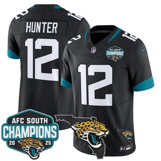 Men's Jacksonville Jaguars #12 Travis Hunter Black 2025 AFC South Division Champions & Florida Patch F.U.S.E. Vapor Stitched Jersey