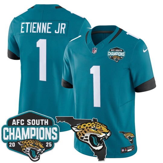 Men's Jacksonville Jaguars #1 Travis Etienne Jr. Teal 2025 AFC South Division Champions & Florida Patch F.U.S.E. Vapor Stitched Jersey