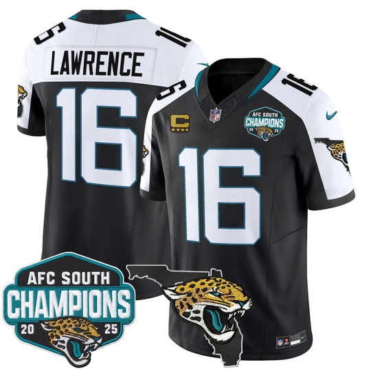 Men's Jacksonville Jaguars #16 Trevor Lawrence Black White 2025 AFC South Division Champions & Florida Patch F.U.S.E. Vapor Stitched Jersey