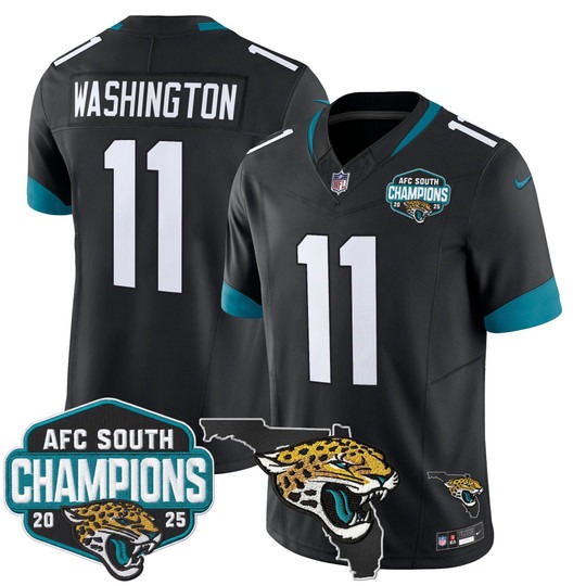 Men's Jacksonville Jaguars #11 Parker Washington Black 2025 AFC South Division Champions & Florida Patch F.U.S.E. Vapor Stitched Jersey