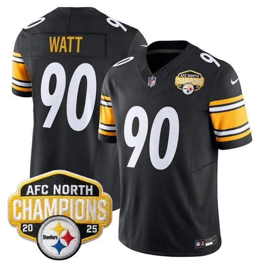 Men's Pittsburgh Steelers #90 T. J. Watt Black 2025 AFC North Division Champions F.U.S.E. Vapor Limited Stitched Jersey