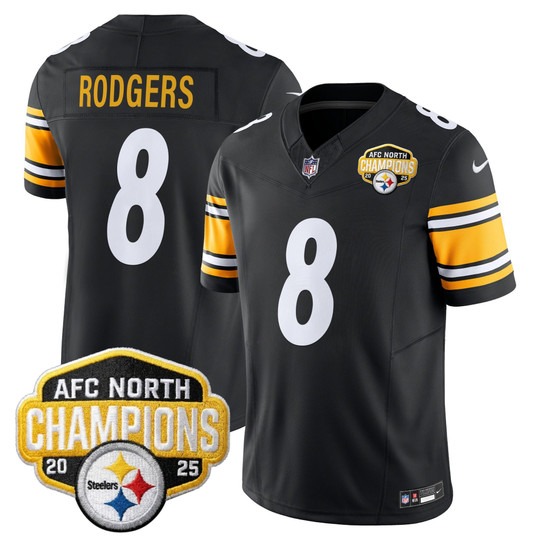 Men's Pittsburgh Steelers #8 Aaron Rodgers Black 2025 AFC North Division Champions F.U.S.E. Vapor Limited Stitched Jersey