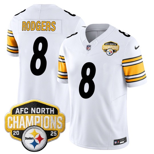 Men's Pittsburgh Steelers #8 Aaron Rodgers White 2025 AFC North Division Champions F.U.S.E. Vapor Limited Stitched Jersey