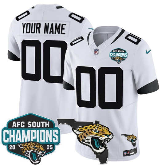 Men's Jacksonville Jaguars Custom White 2025 AFC South Division Champions & Florida Patch F.U.S.E. Vapor Stitched Jersey