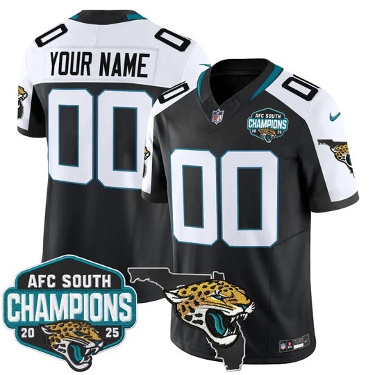 Men's Jacksonville Jaguars Custom Black White 2025 AFC South Division Champions & Florida Patch F.U.S.E. Vapor Stitched Jersey