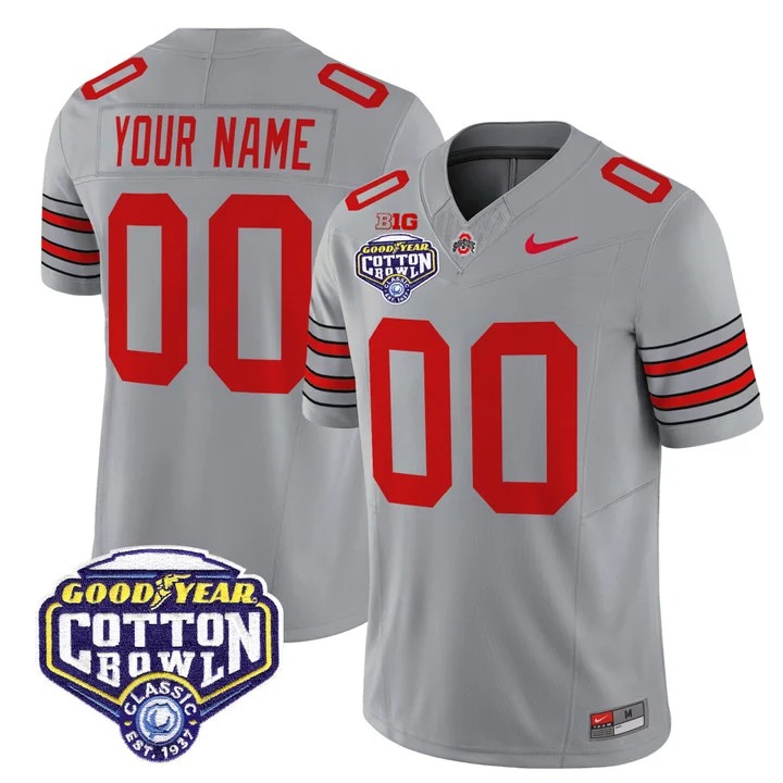 Men's Ohio State Buckeyes Custom Grey 'Heritage Stripe' 2025 Cotton Bowl Patch F.U.S.E. Vapor Limited Stitched Jersey