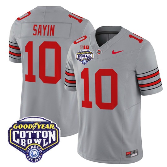 Men's Ohio State Buckeyes #10 Julian Sayin Grey 'Heritage Stripe' 2025 Cotton Bowl Patch F.U.S.E. Vapor Limited Stitched Jersey