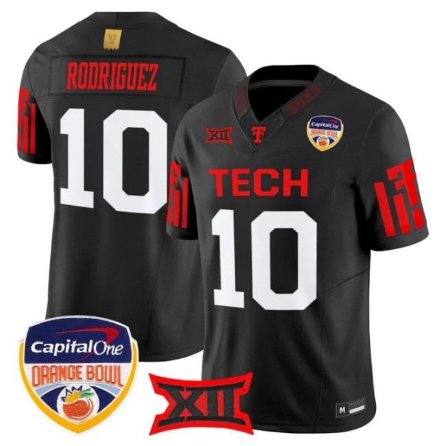 Men's Texas Tech Red Raiders #10 Jacob Rodriguez Black Orange Bowl F.U.S.E. 2025 Vapor Limited Stitched Jersey