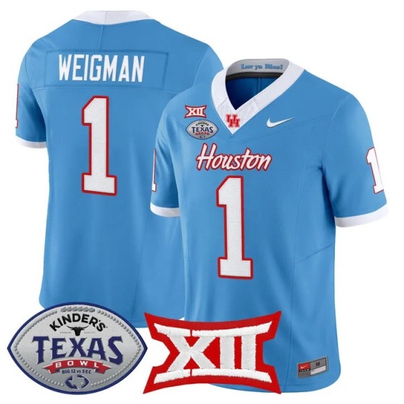 Men's Houston Cougars #1 Conner Weigman Light Blue 2025-26 Texas Bowl F.U.S.E. Vapor Limited Stitched Jersey