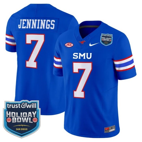 Men's SMU Mustangs #7 Kevin Jennings Blue 2026 Holiday Bowl F.U.S.E. Vapor Limited Stitched Jersey