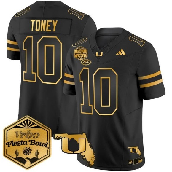Men's Miami Hurricanes #10 Malachi Toney Black Gold 2026 The Fiesta Bowl & Florida Patch F.U.S.E. Vapor Limited Stitched Jersey