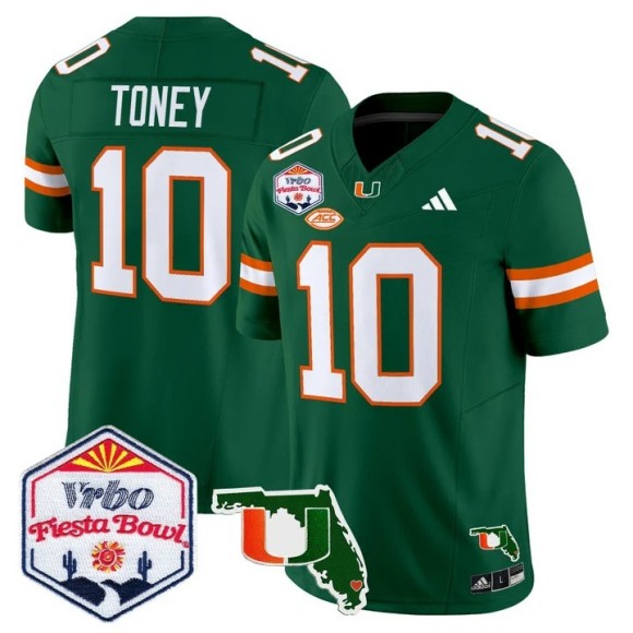 Men's Miami Hurricanes #10 Malachi Toney Green 2026 The Fiesta Bowl & Florida Patch F.U.S.E. Vapor Limited Stitched Jersey