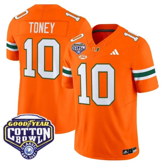 Men's Miami Hurricanes #10 Malachi Toney Orange 2025-26 Cotton Bowl F.U.S.E. Vapor Limited Stitched Jersey