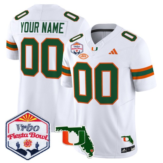 Men's Miami Hurricanes Custom White 2026 The Fiesta Bowl & Florida Patch F.U.S.E. Vapor Limited Stitched Jersey