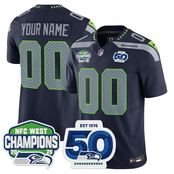 Men's Seattle Seahawks Custom Navy 2025 NFC West Division Champions & 50th Anniversary Patch F.U.S.E. Vapor Limited Stitched Jersey