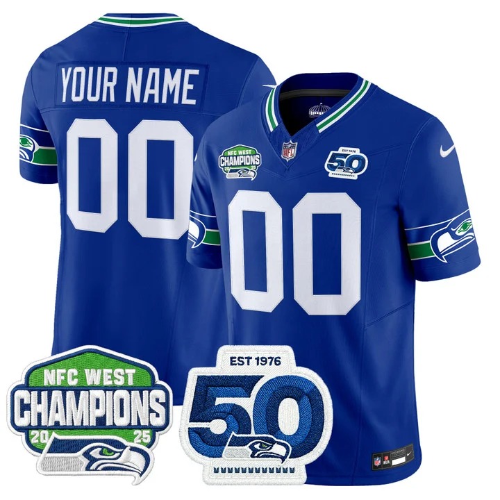 Men's Seattle Seahawks Custom Royal 2025 NFC West Division Champions & 50th Anniversary Patch F.U.S.E. Vapor Limited Stitched Jersey