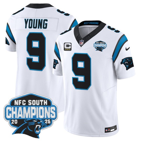 Men's Carolina Panthers #9 Bryce Young White 2025 NFC South Division Champions F.U.S.E. Vapor Limited Stitched Jersey