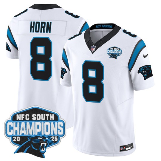Men's Carolina Panthers #8 Jaycee Horn White 2025 NFC South Division Champions F.U.S.E. Vapor Limited Stitched Jersey