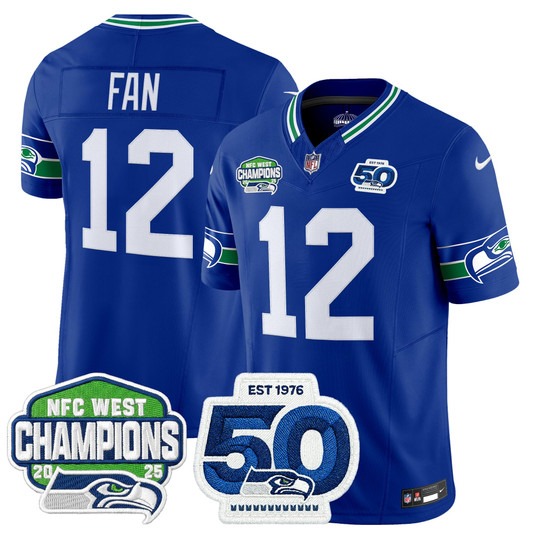 Men's Seattle Seahawks #12 Fan Royal 2025 NFC West Division Champions & 50th Anniversary Patch F.U.S.E. Vapor Limited Stitched Jersey