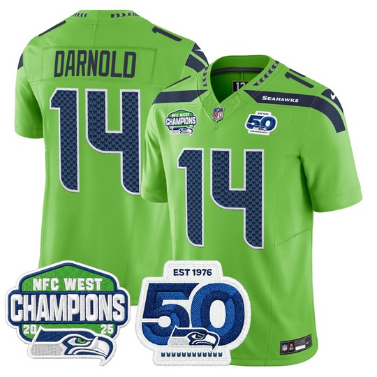 Men's Seattle Seahawks #14 Sam Darnold Green 2025 NFC West Division Champions & 50th Anniversary Patch F.U.S.E. Vapor Limited Stitched Jersey