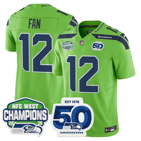 Men's Seattle Seahawks #12 Fan Green 2025 NFC West Division Champions & 50th Anniversary Patch F.U.S.E. Vapor Limited Stitched Jersey