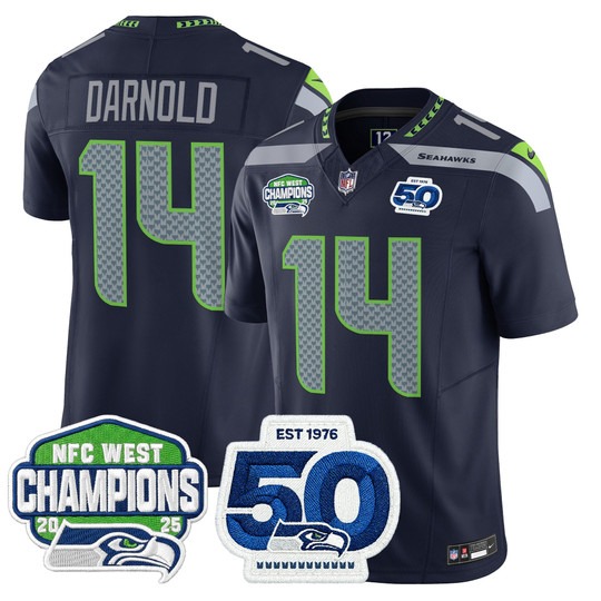 Men's Seattle Seahawks #14 Sam Darnold Navy 2025 NFC West Division Champions & 50th Anniversary Patch F.U.S.E. Vapor Limited Stitched Jersey