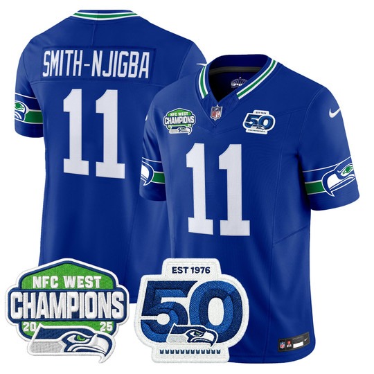 Men's Seattle Seahawks #11 Jaxon Smith-Njigba Royal 2025 NFC West Division Champions & 50th Anniversary Patch F.U.S.E. Vapor Limited Stitched Jersey