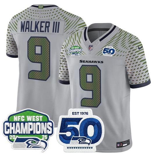 Men's Seattle Seahawks #9 Kenneth Walker III Grey Rivalries 2025 NFC West Division Champions & 50th Anniversary Patch F.U.S.E. Vapor Limited Stitched Jersey