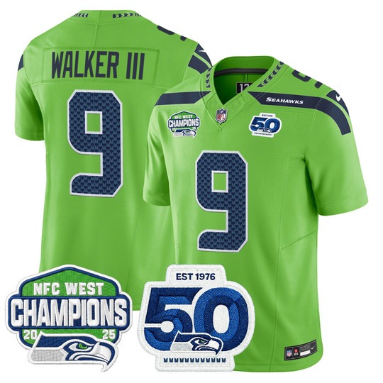 Men's Seattle Seahawks #9 Kenneth Walker III Green 2025 NFC West Division Champions & 50th Anniversary Patch F.U.S.E. Vapor Limited Stitched Jersey