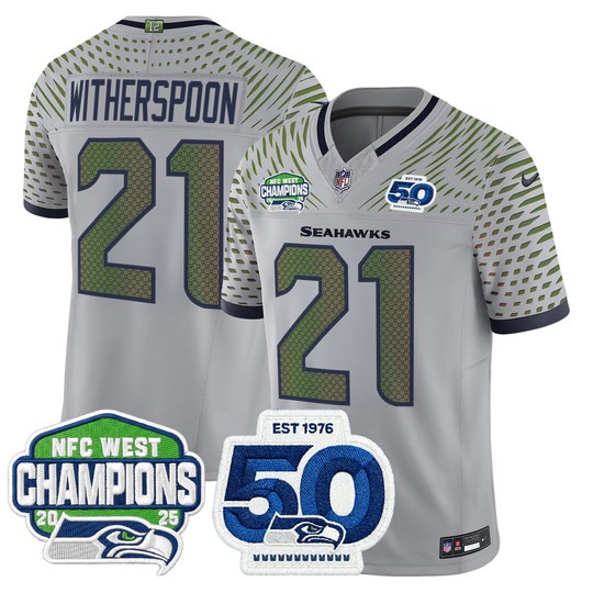 Men's Seattle Seahawks #21 Devon Witherspoon Grey Rivalries 2025 NFC West Division Champions & 50th Anniversary Patch F.U.S.E. Vapor Limited Stitched Jersey