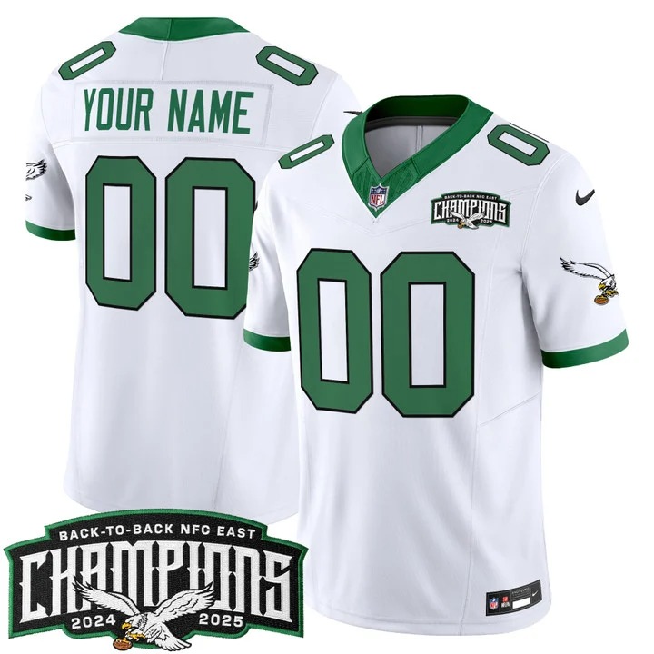Men's Philadelphia Eagles Custom Kelly White Back-To-Back 2024-2025 NFC East Division Champions F.U.S.E. Vapor Limited Stitched Jersey