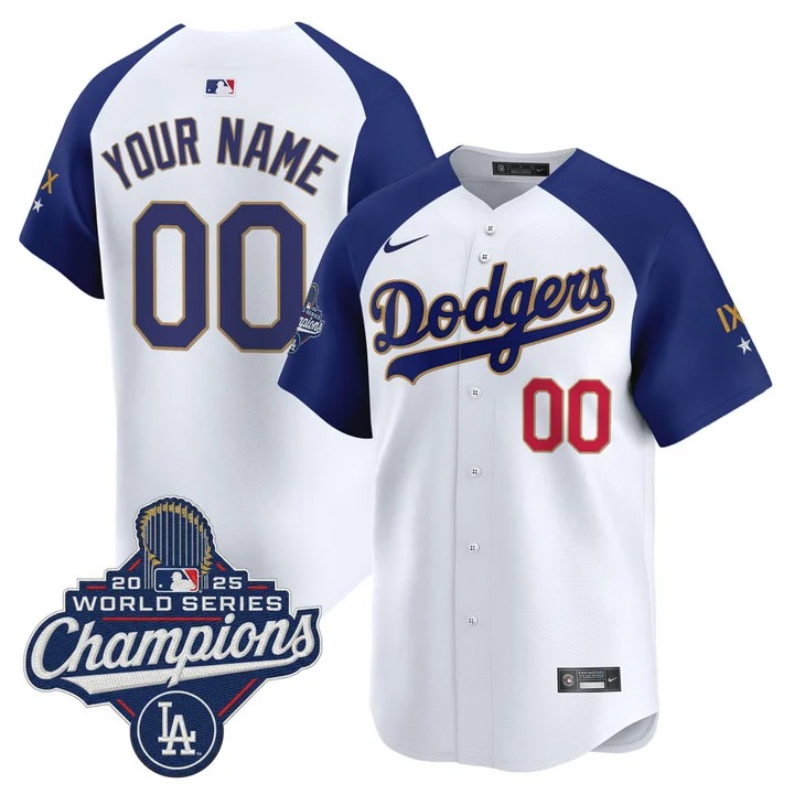 Men's Los Angeles Dodgers Custom Royal Blue IX 9-Time 2025 World Series Champions Gold Trim Limited Stitched Jersey