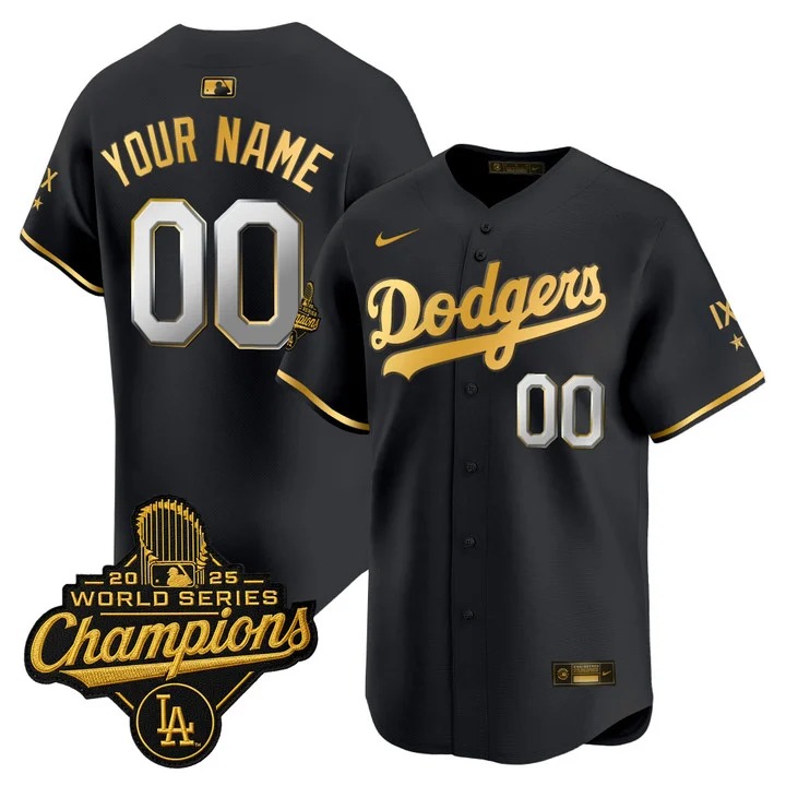 Men's Los Angeles Dodgers Custom Black Gold IX 9-Time 2025 World Series Champions Gold Trim Limited Stitched Jersey