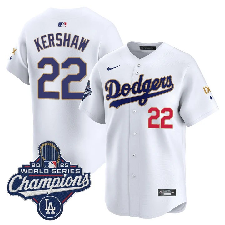 Men's Los Angeles Dodgers #22 Clayton Kershaw White IX 9-Time 2025 World Series Champions Gold Trim Limited Stitched Jersey