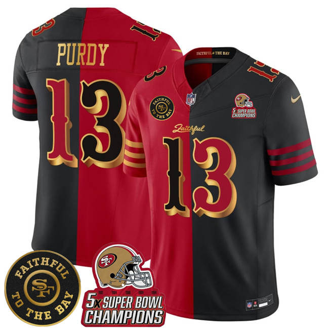 Youth San Francisco 49ers Active Player Custom Black Red Split F.U.S.E. Faithful To The Bay Patch And 5x Super Bowl Champions Patch Vapor Limited Stitched Football Jersey