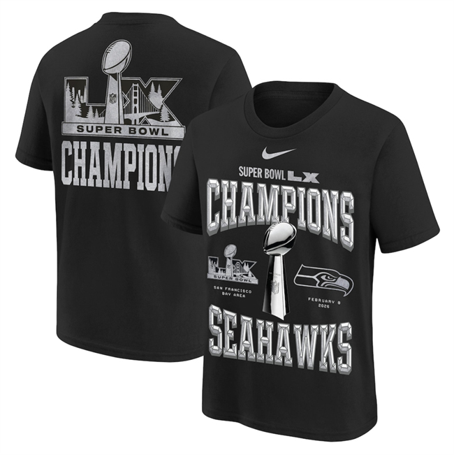 Men's Seattle Seahawks Black Super Bowl LX Champions Locker Room Trophy Collection T-Shirt
