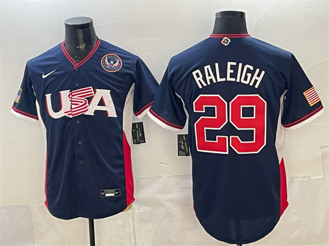 Men's USA Baseball #29 Cal Raleigh Navy 2026 World Baseball Classic United States 250th Anniversary Patch Road Stadium Stitched Jersey