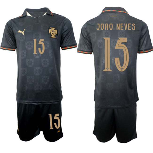 Men's Portugal Team #15 Joao Neves Black 2026 World Cup Away Soccer Jersey Suit