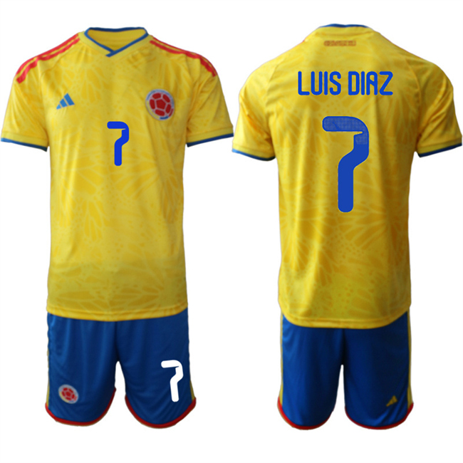 Men's Colombia Team #7 Luis Díaz Yellow 2026 World Cup Home Soccer Jersey Suit